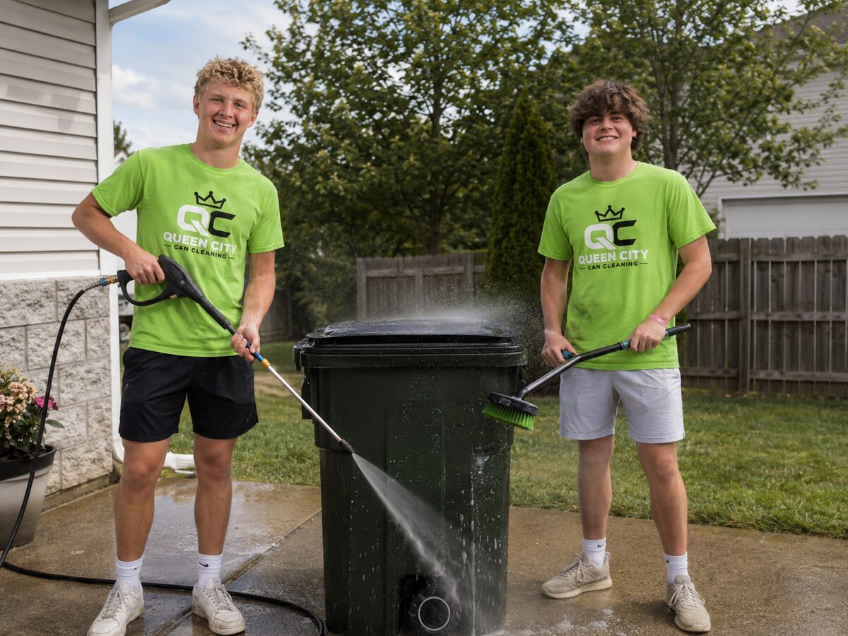 Jack and Henry, the owners of Queen City Can Cleaning, cleaning a trash can in a Charlotte backyard